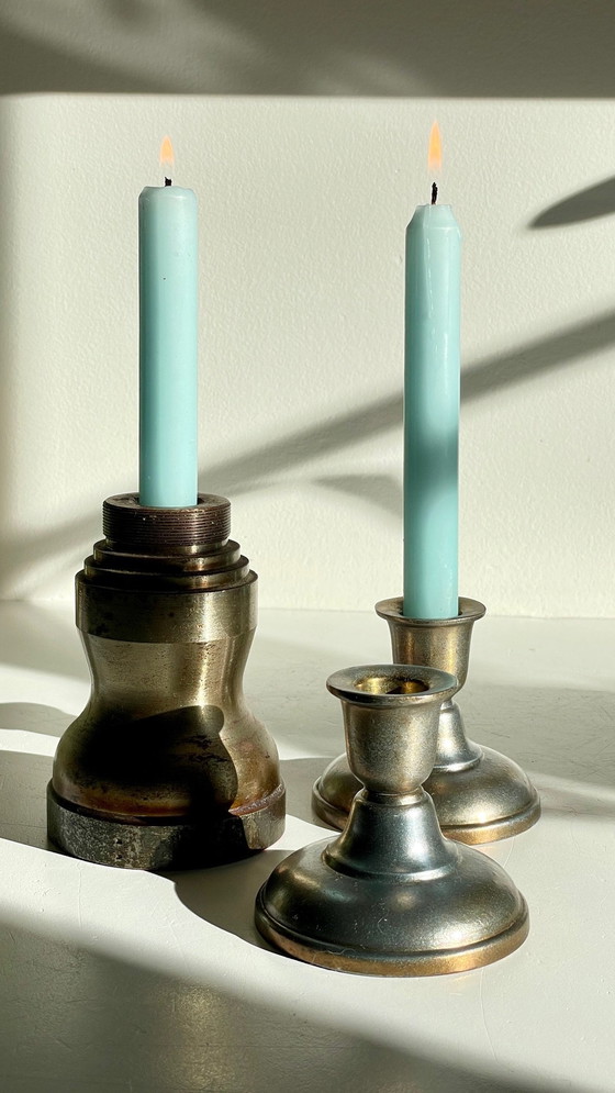 Image 1 of Bougeoirs Industriels Acier Et Bronze Argenté Vintage