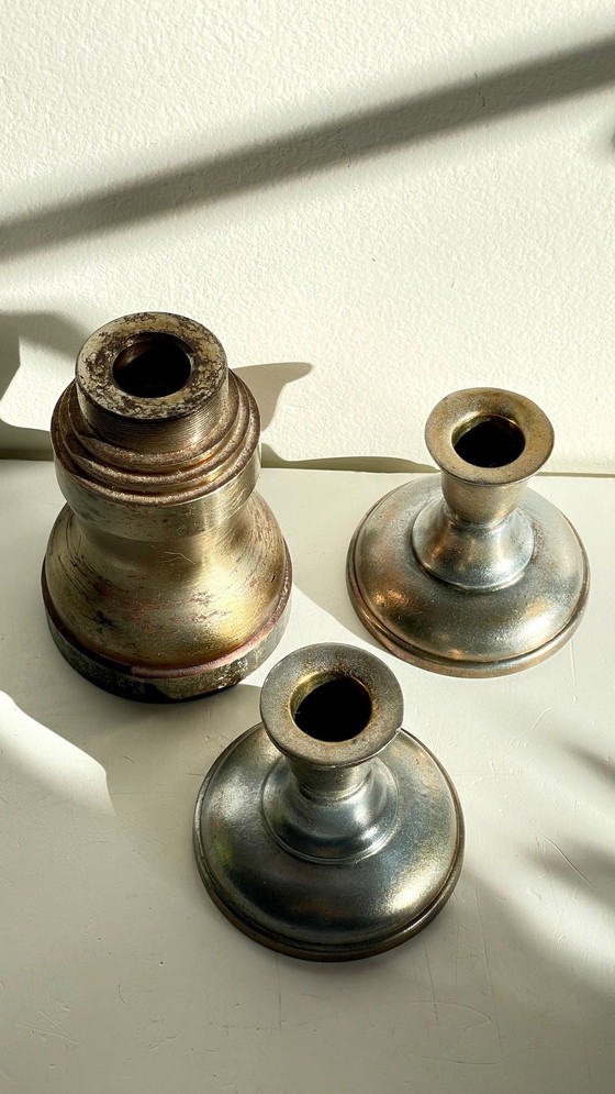Image 1 of Bougeoirs Industriels Acier Et Bronze Argenté Vintage