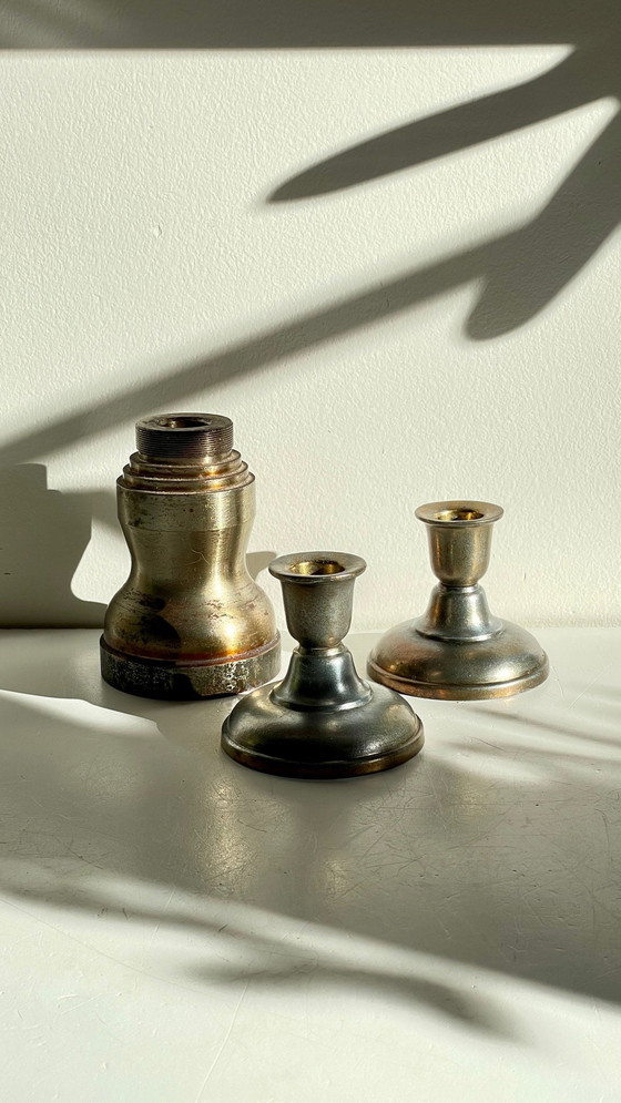 Image 1 of Bougeoirs Industriels Acier Et Bronze Argenté Vintage
