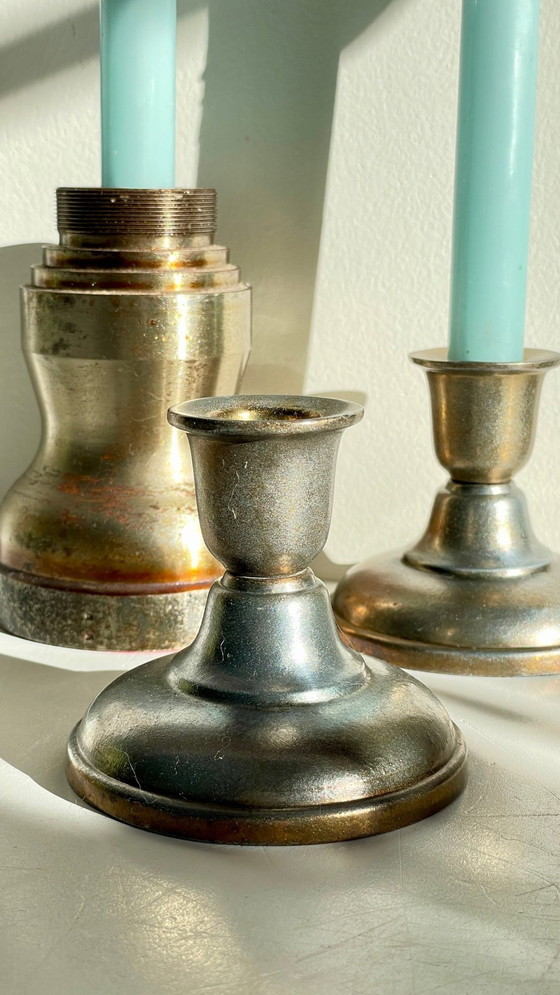 Image 1 of Bougeoirs Industriels Acier Et Bronze Argenté Vintage