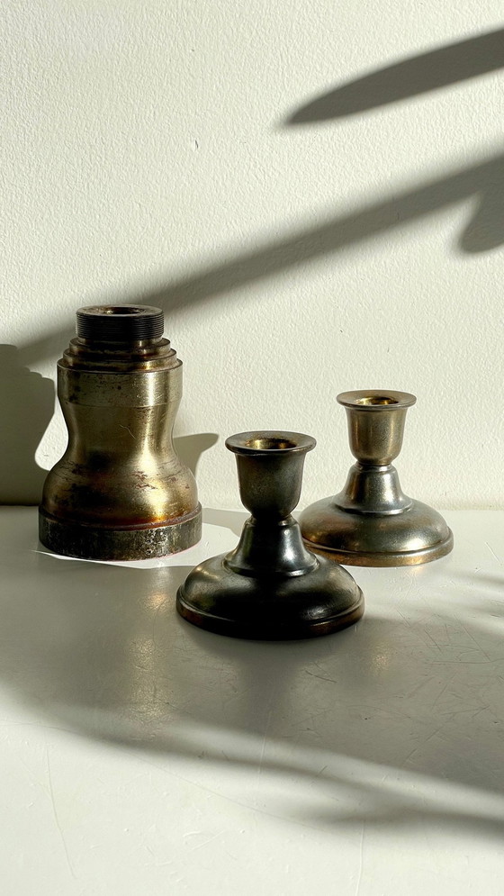 Image 1 of Bougeoirs Industriels Acier Et Bronze Argenté Vintage
