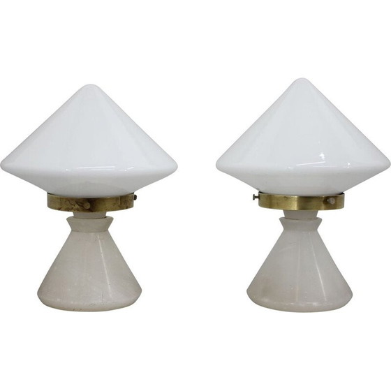 Image 1 of Paire de lampes de table Art déco vintage avec base en albâtre, Tchécoslovaquie 1940
