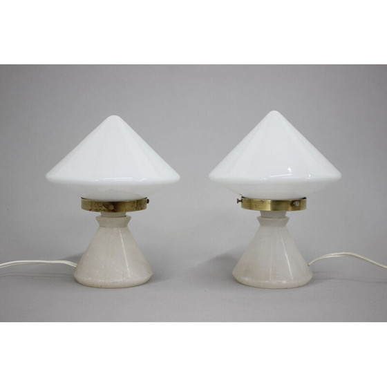 Image 1 of Paire de lampes de table Art déco vintage avec base en albâtre, Tchécoslovaquie 1940