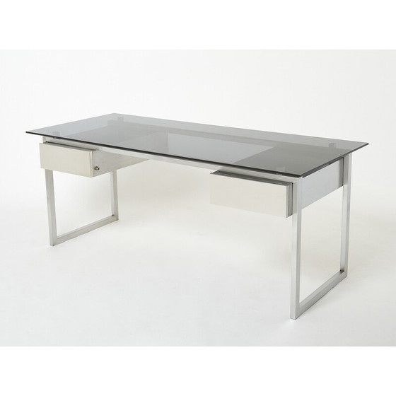 Image 1 of Bureau vintage en acier inoxydable brossé et verre fumé gris par Patrice Maffei pour Kappa, 1970