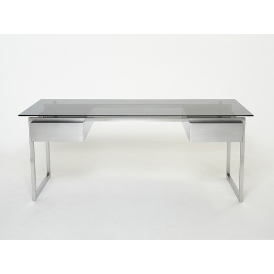 Image 1 of Bureau vintage en acier inoxydable brossé et verre fumé gris par Patrice Maffei pour Kappa, 1970