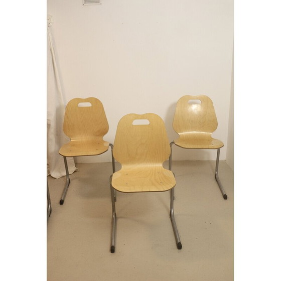 Image 1 of Ensemble de 4 chaises de cantine empilables en bois et aluminium, 1990