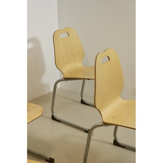 Image 1 of Ensemble de 4 chaises de cantine empilables en bois et aluminium, 1990