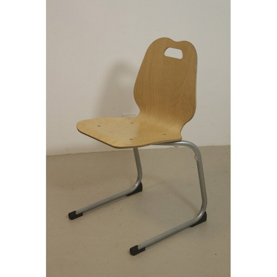 Image 1 of Ensemble de 4 chaises de cantine empilables en bois et aluminium, 1990