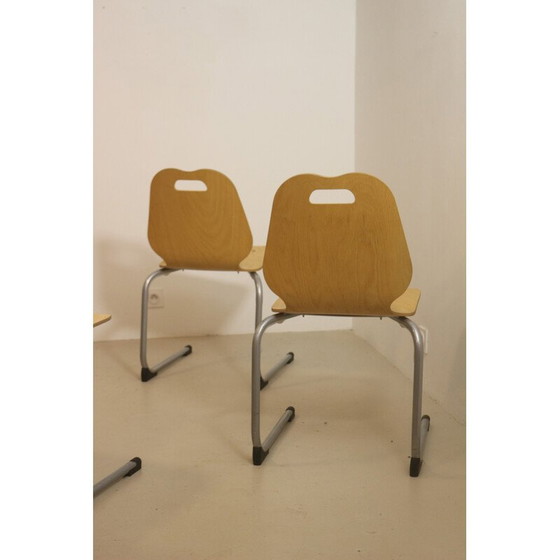 Image 1 of Ensemble de 4 chaises de cantine empilables en bois et aluminium, 1990