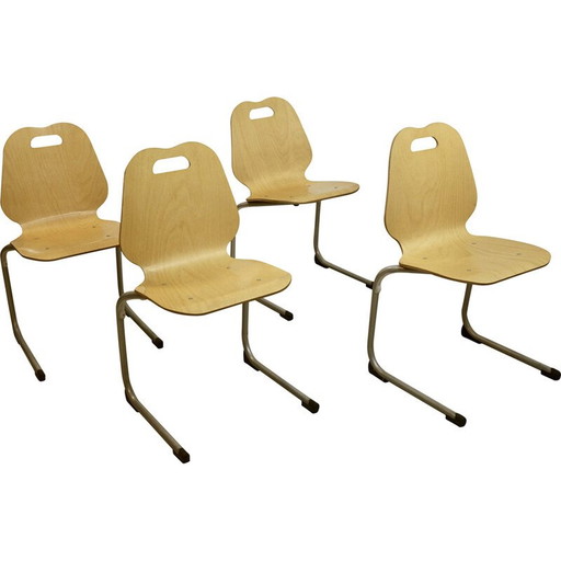 Ensemble de 4 chaises de cantine empilables en bois et aluminium, 1990