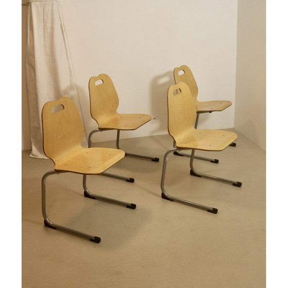 Image 1 of Ensemble de 4 chaises de cantine empilables en bois et aluminium, 1990