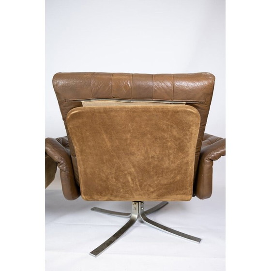 Image 1 of Paire de fauteuils vintage rembourrés en cuir brun et structure métallique, Danemark 1970