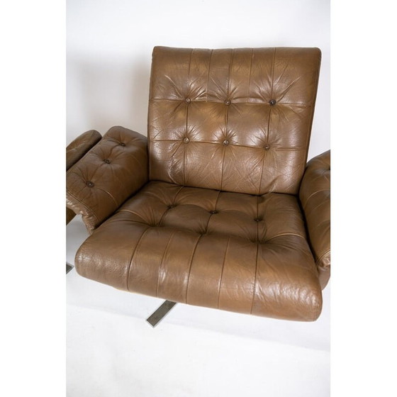 Image 1 of Paire de fauteuils vintage rembourrés en cuir brun et structure métallique, Danemark 1970