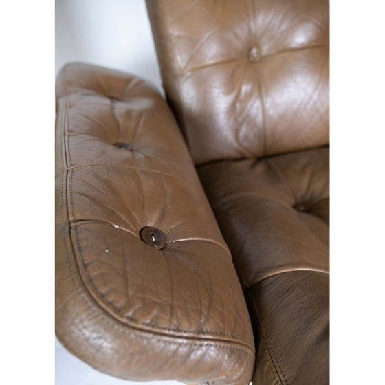 Image 1 of Paire de fauteuils vintage rembourrés en cuir brun et structure métallique, Danemark 1970