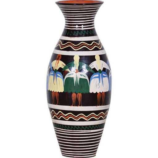 Vase vintage en céramique art déco avec motifs slovaques, 1940