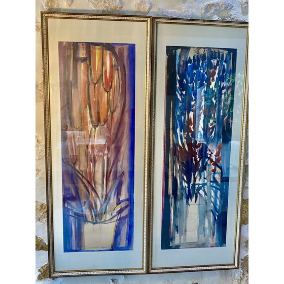 Image 1 of Paire de peintures à la gouache vintage, Espagne 1960