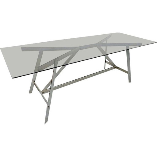 Table de salle à manger vintage, verre et acier, italien, années 1970