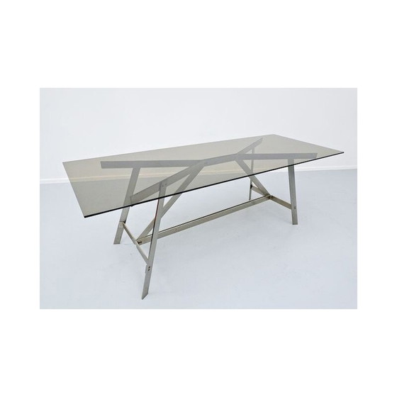 Image 1 of Table de salle à manger vintage, verre et acier, italien, années 1970