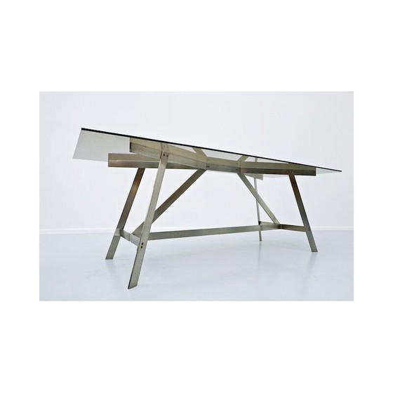 Image 1 of Table de salle à manger vintage, verre et acier, italien, années 1970