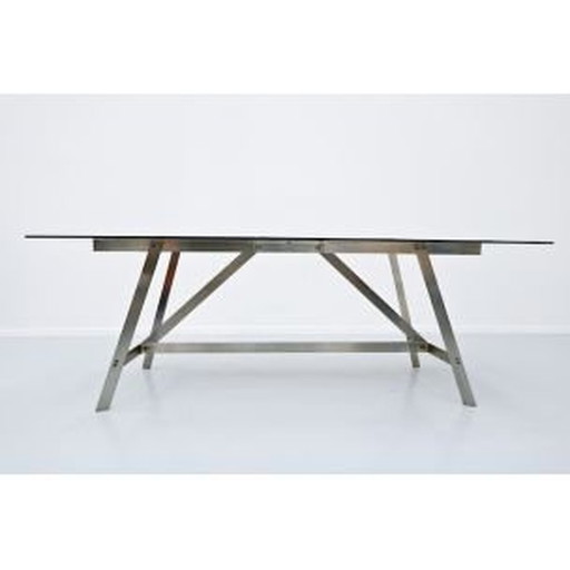 Table de salle à manger vintage, verre et acier, italien, années 1970