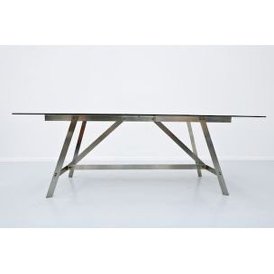 Image 1 of Table de salle à manger vintage, verre et acier, italien, années 1970