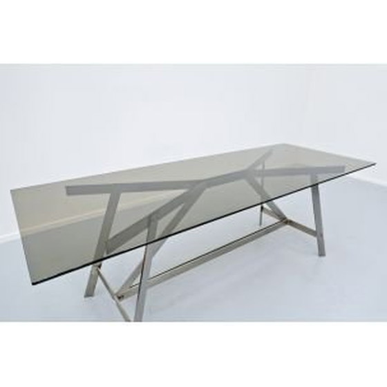 Image 1 of Table de salle à manger vintage, verre et acier, italien, années 1970