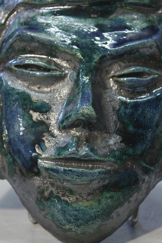 Image 1 of Masque Céramique Visage Féminin Émail Turquoise Signature Accolay