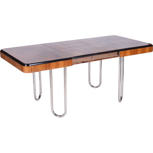 Table de salle à manger extensible vintage Bauhaus en placage de noyer et chrome, Tchécoslovaquie 1930