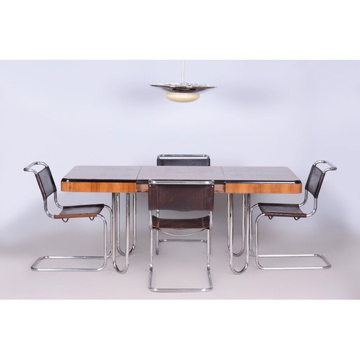 Table de salle à manger extensible vintage Bauhaus en placage de noyer et chrome, Tchécoslovaquie 1930