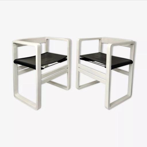 Paire De Chaises Italiennes, Cuir Et Bois, 1970