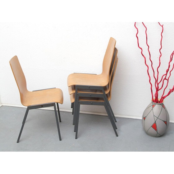 Image 1 of Ensemble de 4 chaises empilables en métal et contreplaqué - années 1960