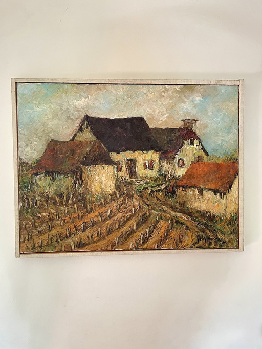 Huile Post-Impressionniste 1966 - Village En Hiver