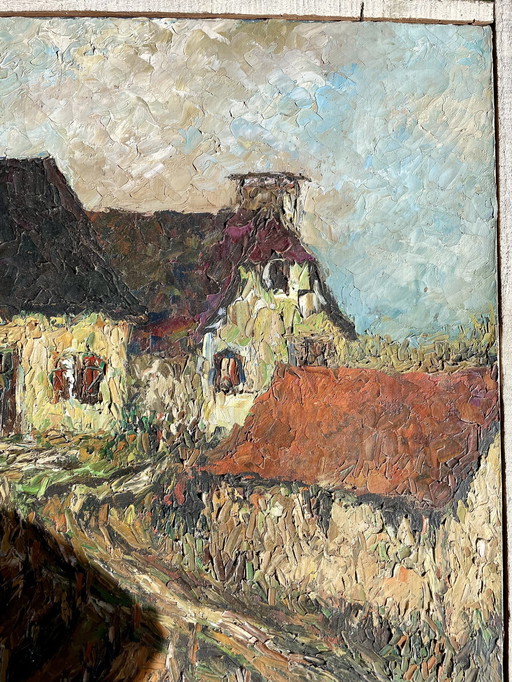 Huile Post-Impressionniste 1966 - Village En Hiver