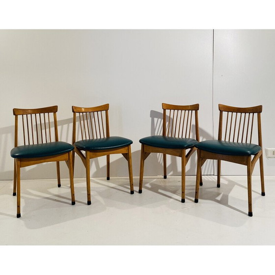 Image 1 of Ensemble de 4 chaises vintage en hêtre et faux cuir vert, Italie années 1960