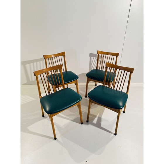 Image 1 of Ensemble de 4 chaises vintage en hêtre et faux cuir vert, Italie années 1960