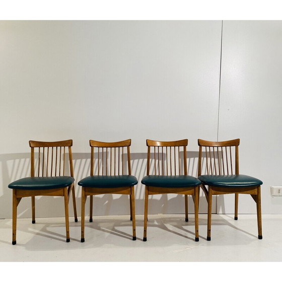 Image 1 of Ensemble de 4 chaises vintage en hêtre et faux cuir vert, Italie années 1960