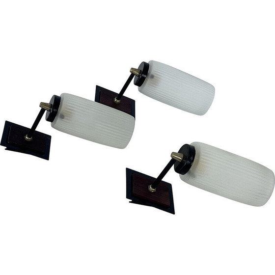 Image 1 of Ensemble de 3 lampes murales vintage en verre, laiton, laque et bois, Italie 1950