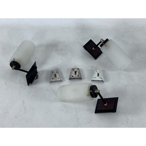 Image 1 of Ensemble de 3 lampes murales vintage en verre, laiton, laque et bois, Italie 1950