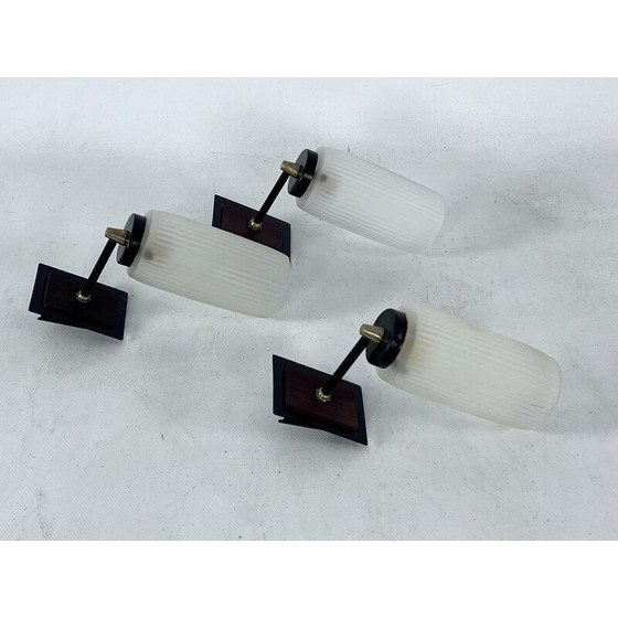 Image 1 of Ensemble de 3 lampes murales vintage en verre, laiton, laque et bois, Italie 1950