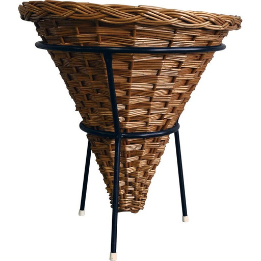 Porte-revues vintage en rotin et métal, 1950