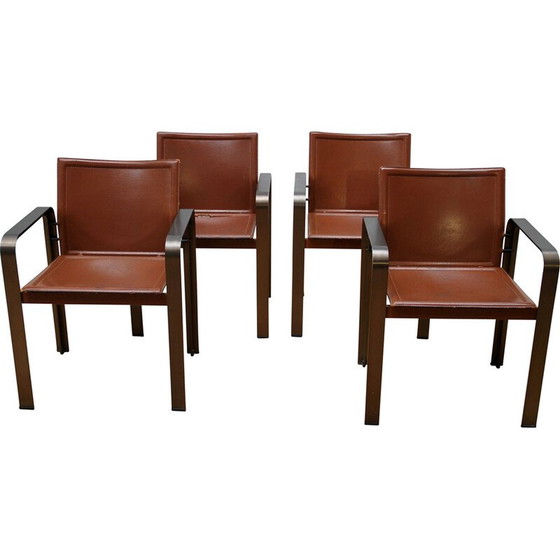 Image 1 of Ensemble de 4 fauteuils vintage en métal et cuir brun par Golfo Dei Poeti pour Matteo Grassi, 1980