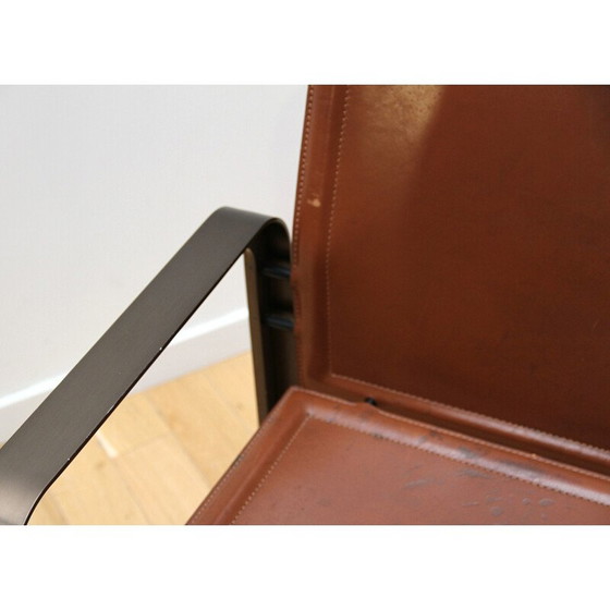 Image 1 of Ensemble de 4 fauteuils vintage en métal et cuir brun par Golfo Dei Poeti pour Matteo Grassi, 1980