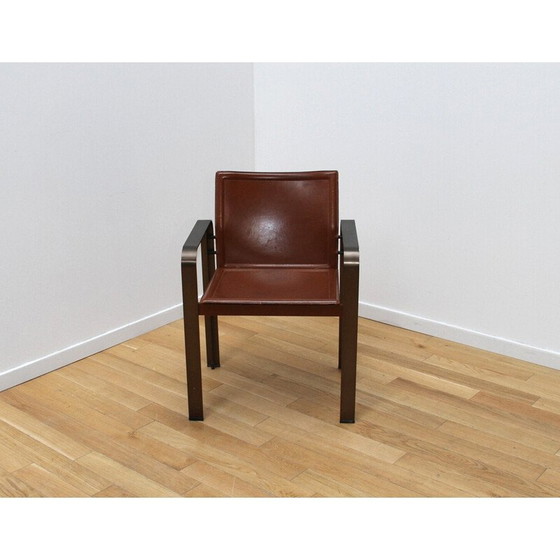 Image 1 of Ensemble de 4 fauteuils vintage en métal et cuir brun par Golfo Dei Poeti pour Matteo Grassi, 1980