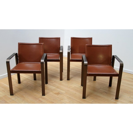 Image 1 of Ensemble de 4 fauteuils vintage en métal et cuir brun par Golfo Dei Poeti pour Matteo Grassi, 1980