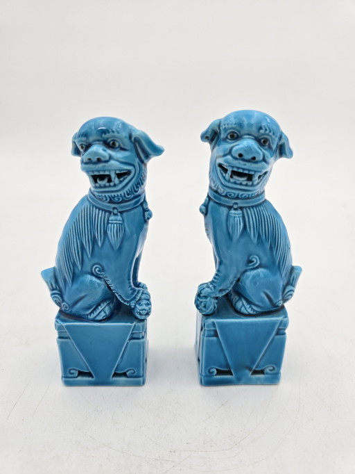 Paire De Statuettes Chien Dragon Foo Chinois 50'S