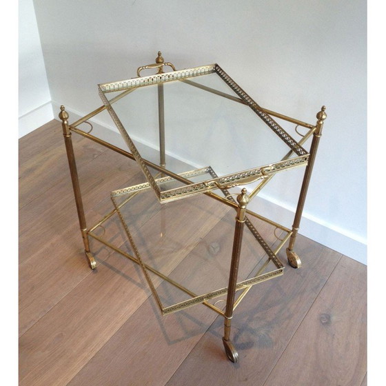 Image 1 of Table roulante vintage en laiton avec plateaux amovibles, 1940