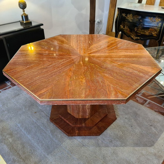 Image 1 of Table octogonale vintage en travertin rouge et laiton 1970