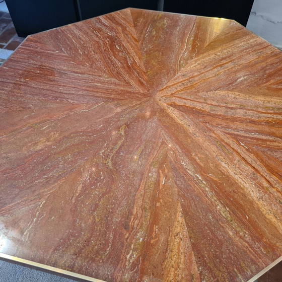 Image 1 of Table octogonale vintage en travertin rouge et laiton 1970