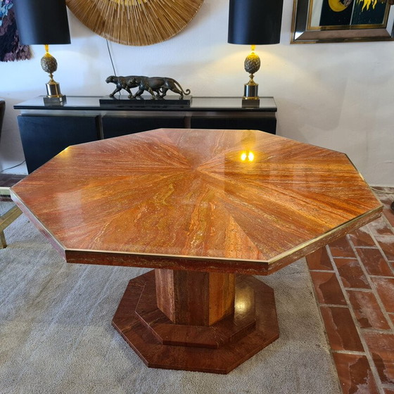 Image 1 of Table octogonale vintage en travertin rouge et laiton 1970