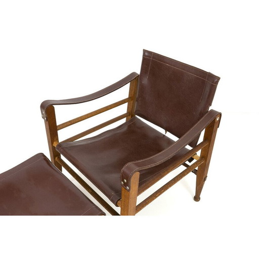 Fauteuil Safari et ottoman vintage en bois de chêne et cuir par Aage Bruun and Son, 1960s